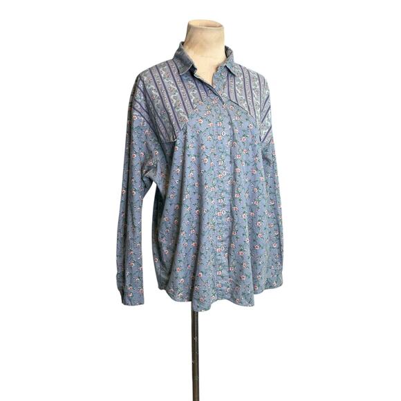 New Fashion blue pink floral long sleeves button shirt size Large - Picture 10 of 15